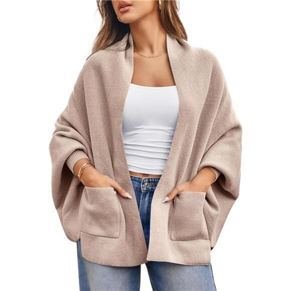 Womens Open Front Cardigan Batwing Long Sleeve Shawl Chunky Knit